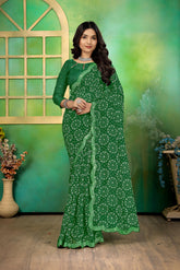 Green Georgette Bandhani Print Mirror Work Saree